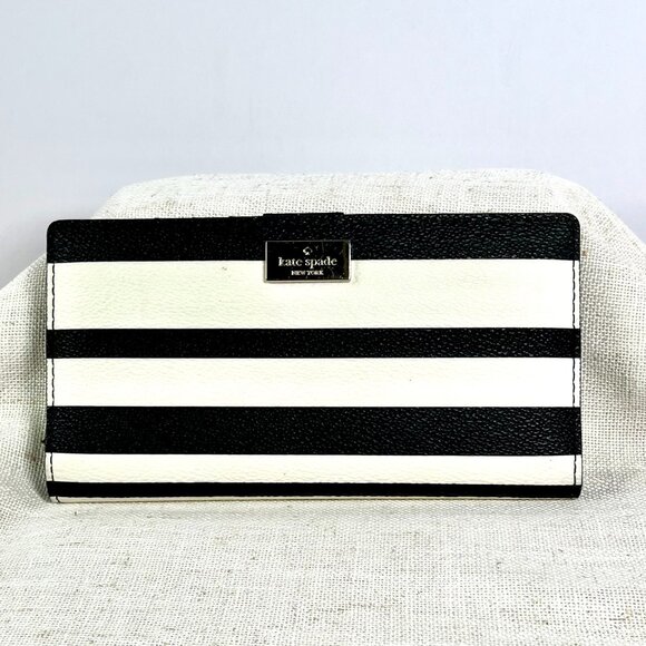 Kate Spade Black & White Striped Classic Designer Everyday Chic Wallet - Picture 1 of 16